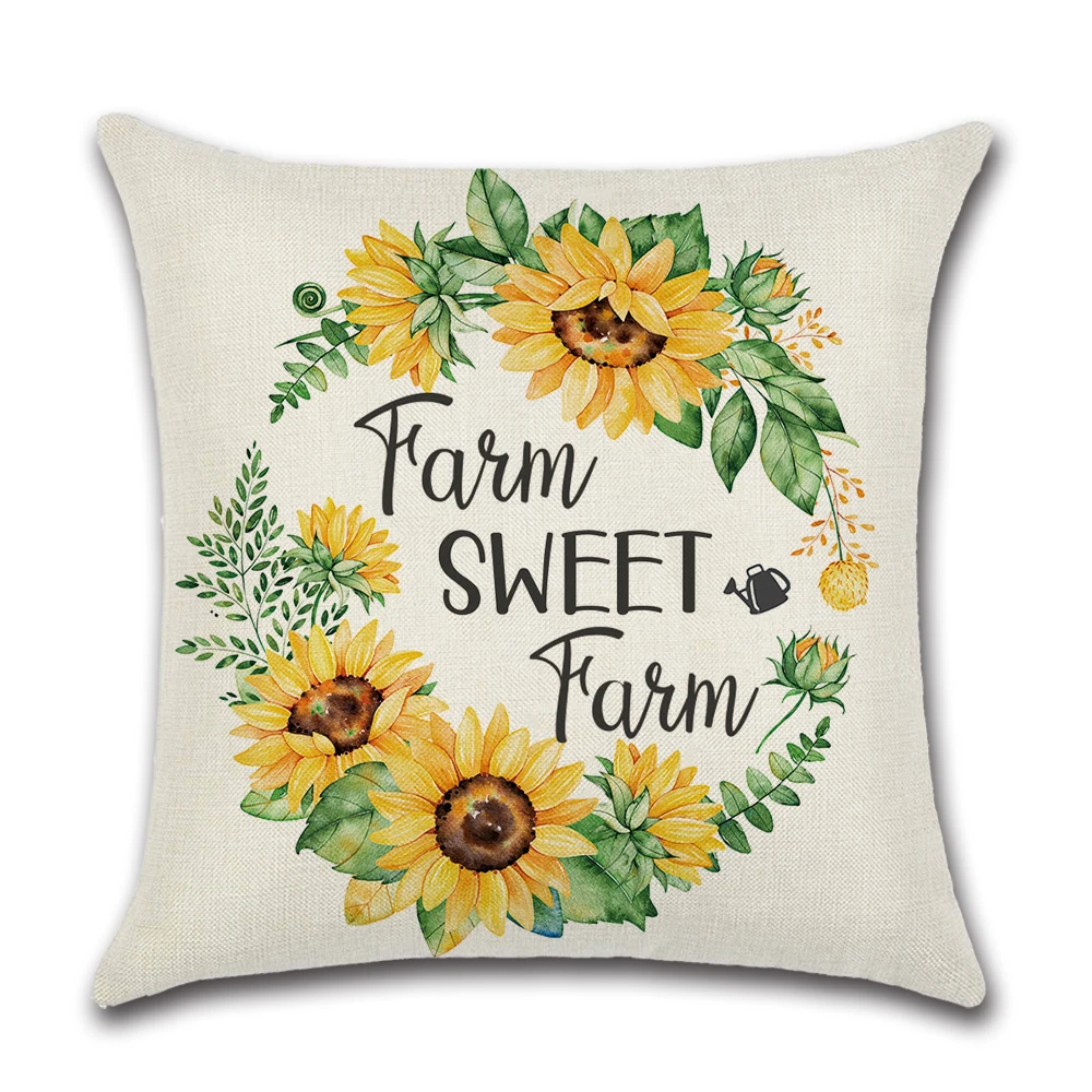 

ROMANZO 45*45CM New Farm Sunflower Bicycle Happy Summer Linen Printed Pillowcase Cushion Cover Car Decorative Pillowcase