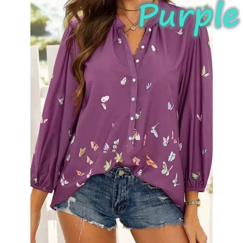 

Women Spring Autumn Shirt Casual Lantern Long Sleeve Butterfly Printed Button Elegant Vintage Tops Lady Single-Breast