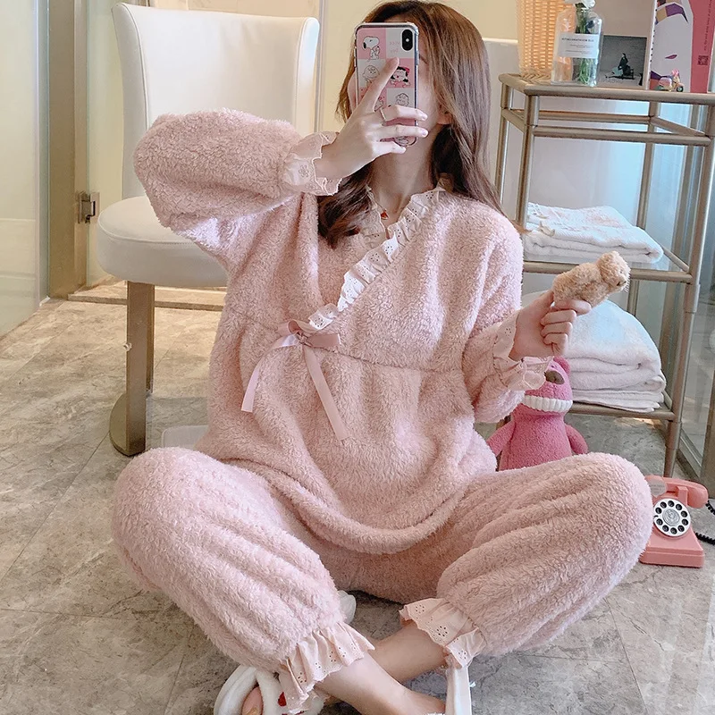 

Winter Women Pajamas Set Thick Flannel Feeding Pregnancy Sleepwear Maternity Clothing Suit Homewear Warm Breastfeeding Pajamas