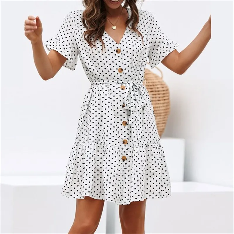 

Bohemia Summer Sleeveless V-neck Polka Dot Waist Ruffle Single Breasted Mini Dress