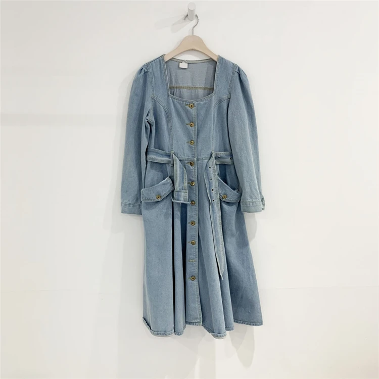 

Sashes Square Collar Single Breasted Pockets Dress 2020 Women Denim Dresses Spring Autumn Mid-Calf Casual