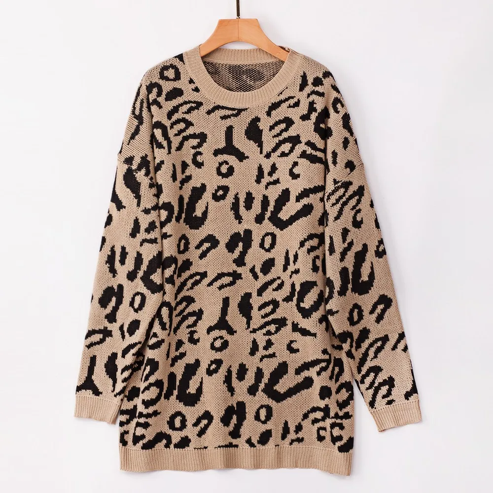 

Home&Nest Fashion Women Knitted Sweater Leopard Print Long Sleeve Blouse Tops Crew Neck Casual New Oversized Pullover Sweater