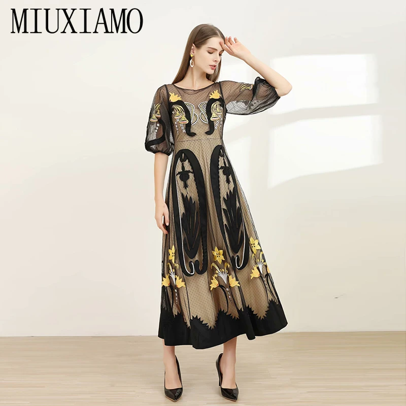 MIUXIMAO высокое качество 2020 весеннее платье роскошная Цветочная вышивка марля