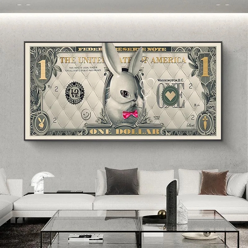 Милый кролик Один Доллар Постер Печати Абстрактность Бело-Золотая Долларная Холстовая Живопись Современное Искусство для Гостиной.