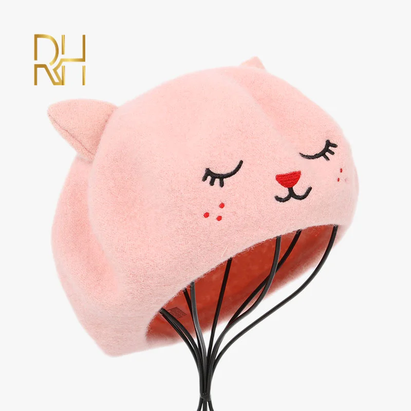 Осенние шерстяные Зимние береты шапки для женщин милый кот с вышивкой шапка