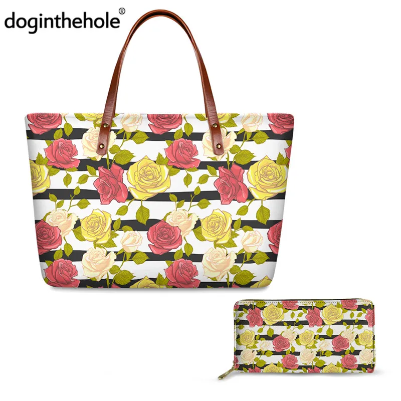 

Doginthehole Color Rose Women Fashion Shoulder Bag 2pc Set Ladies Black White Stripe Casual Leather Totes And Long Clutch Purses