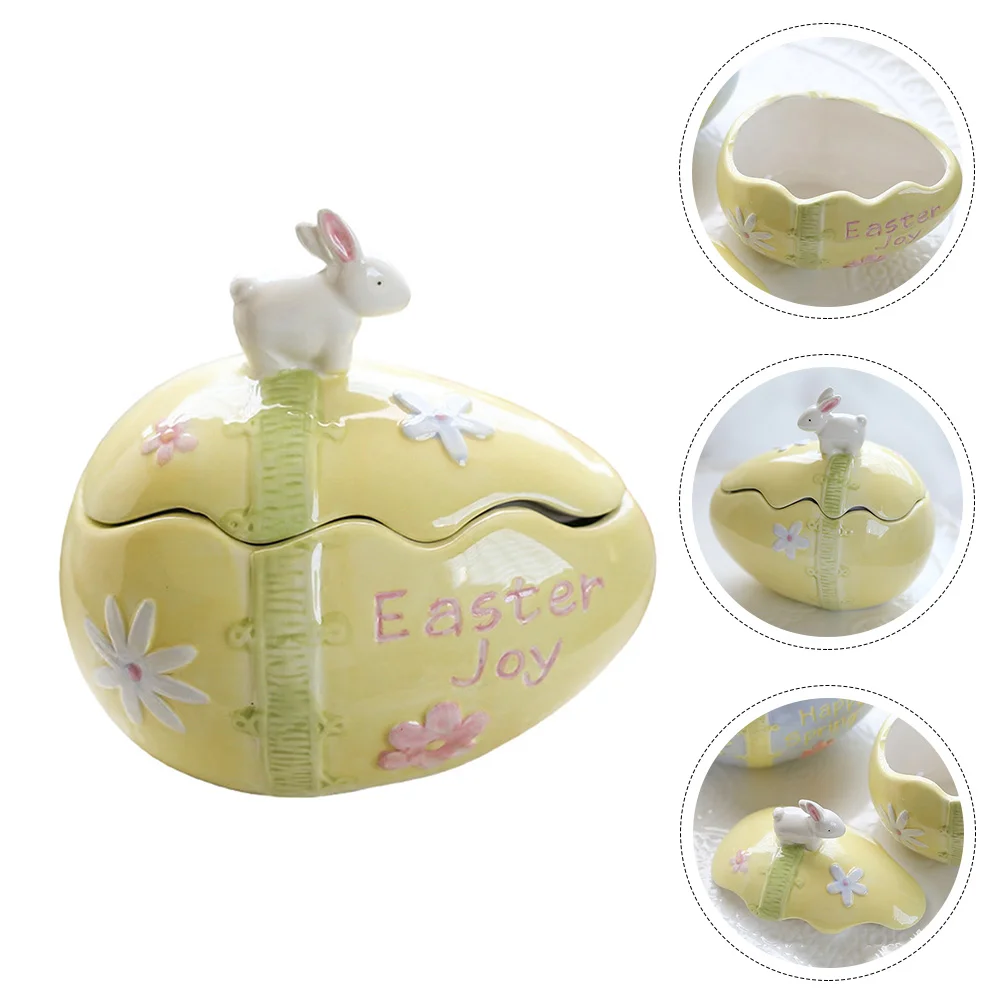 

Ceramic Easter Egg Shape Storage Jar Rabbit Model Jewelries Storage Box