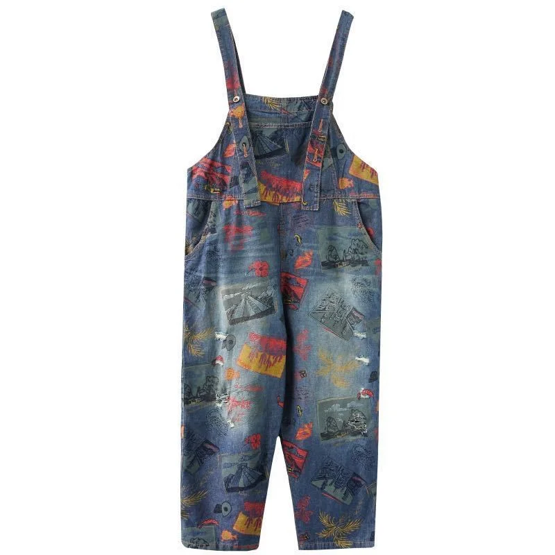 New High Quality M-XXL Women Denim Large Size Loose Cropped Overalls Women Casual Oversize Printed Retro Jumpsuit