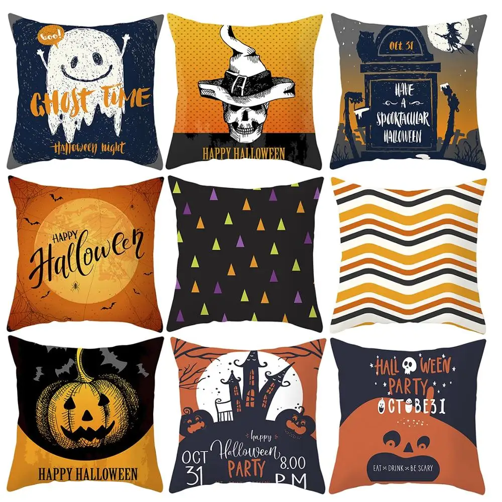 

Halloween Cushion Cover Blue Purple Black Pillowcase Ghost Party Pumpkin Trick Treat Party Happy Halloween Party Decor for Home