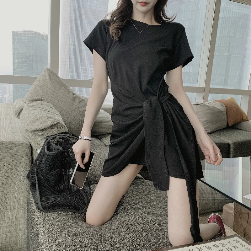 

Elegant Slimming Mid-Length T-shirt Skirt Women's Niche Design Lace-up Scheming Irregular Fashion Dress