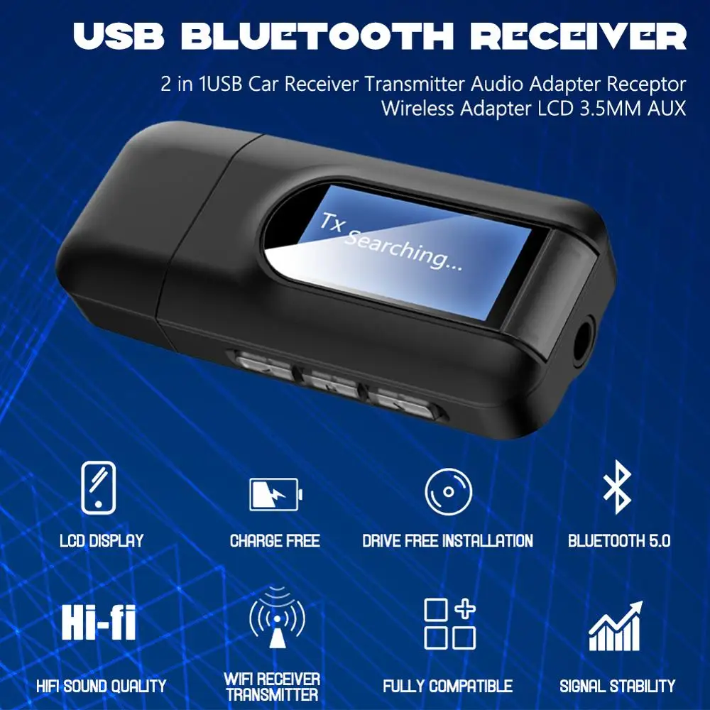 

USB Bluetooth-совместимый приемник передатчик аудио 5,0 адаптер для автомобильных ПК HD HiFi беспроводной адаптер ЖК-дисплей 3,5 мм AUX