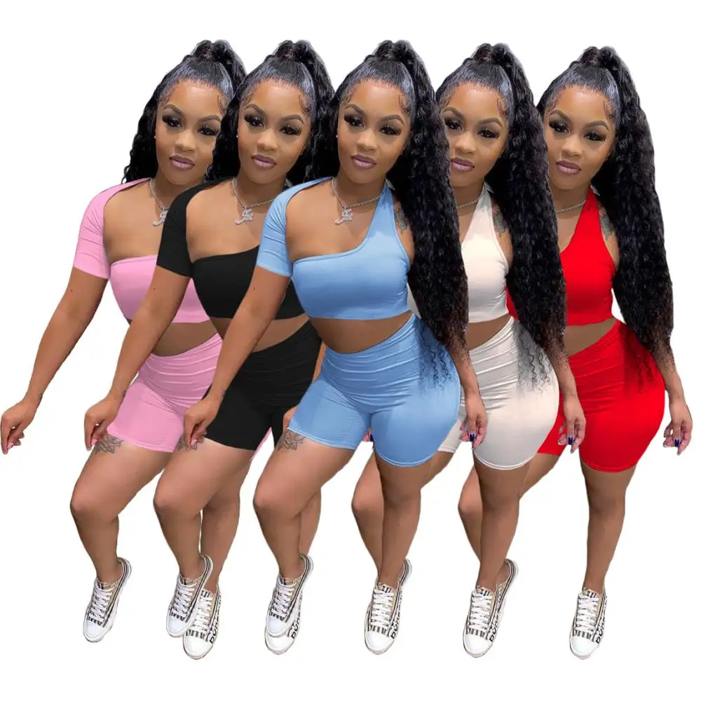 

One Single Shoulder Short Sleeve Irregular Cut Out Hollow Out Skinny Crop Tops Workout Bodycon Tight Mini Shorts 2PCS Tracksuits