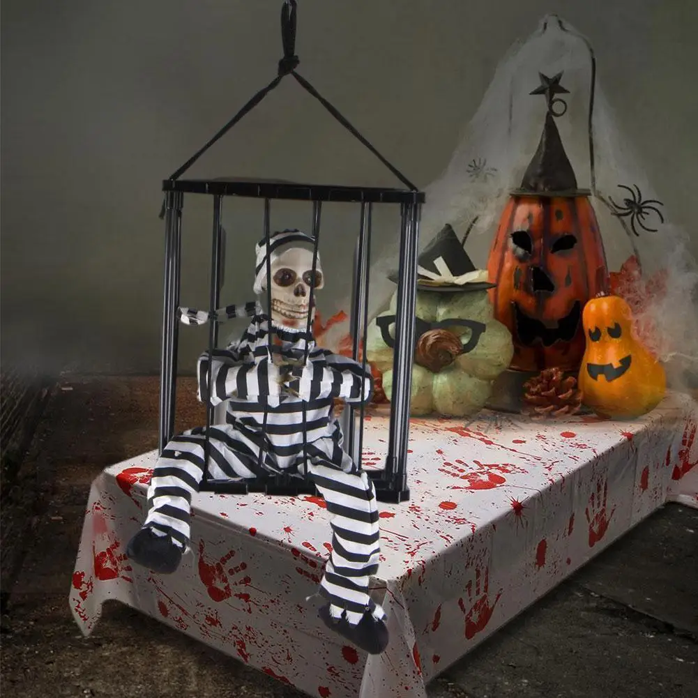 

Halloween Haunted House Horror Props Tricky Toys Infrared Inmates Cage Prison Sensors Toys Ghost Death Hanging Sounding Lum I3T3