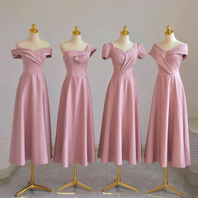 

Простое однотонное розовое приталенное платье невесты, без бретелек, с открытыми плечами, длиной до середины икры, для свадебной вечеринки, ...