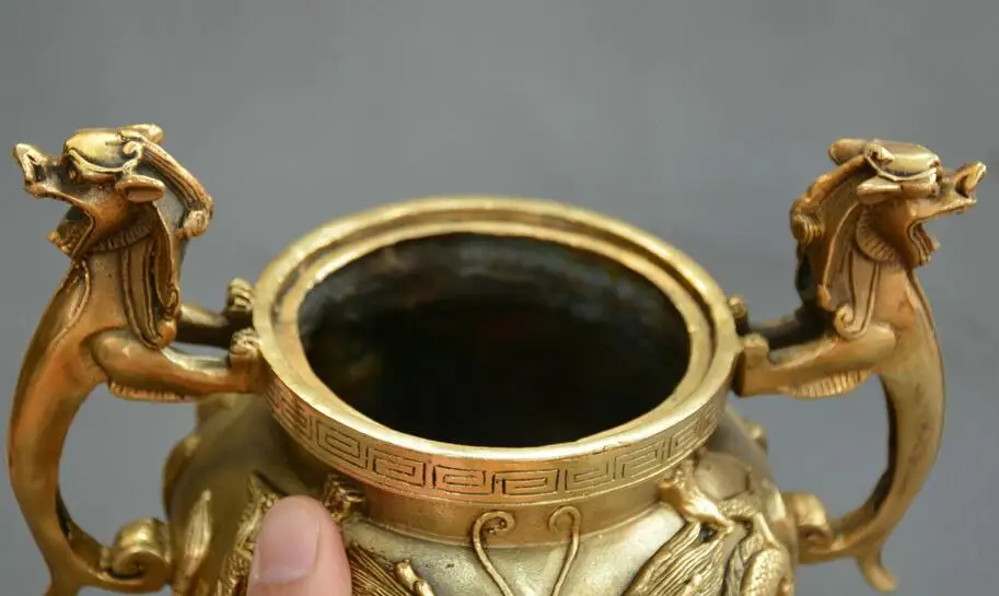 

Chinese fengshui old Bronze two dragon Opera beads beast incense burner censer