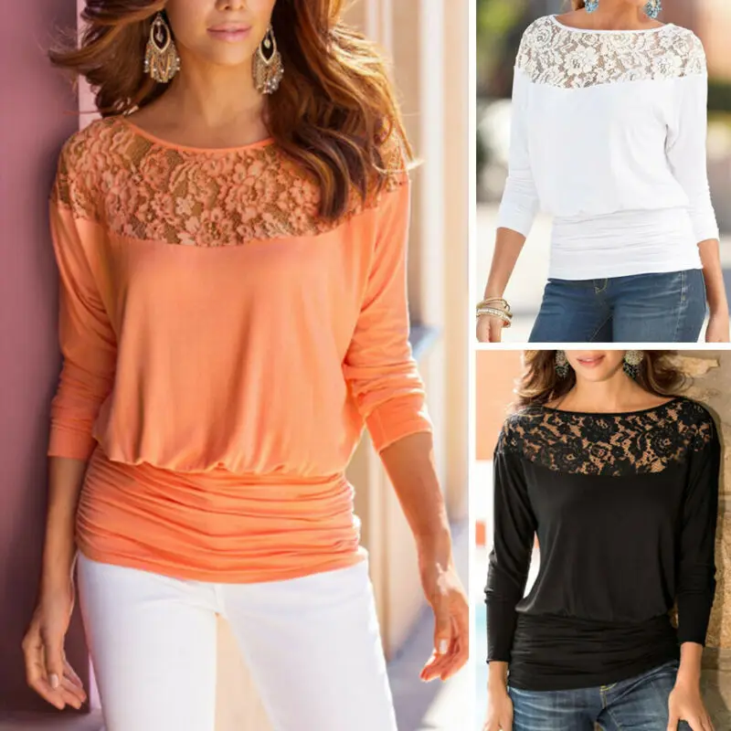 Женская кружевная рубашка с длинным рукавом круглым вырезом|Блузки| |