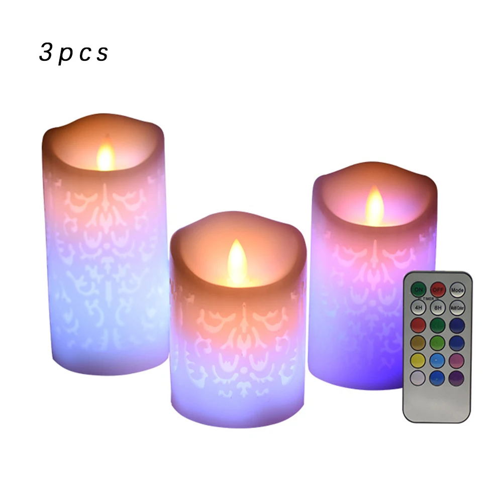 

LED Candle Sets Electronic Hollow Pattern Flameless Candles With Remote Control Timer New Year/Christmas/Wedding/ Home 3PCS