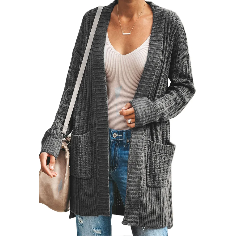 Женский свободный кардиган с длинными рукавами и воротником-шалью карманом