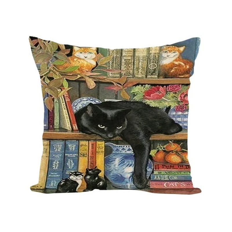 

Cushion Covers 45*45 Home Cushion Cover Korean Version Oil Painting Cute Cat Pillow Linen Sofa Cushion Bedside Pillow Car Waist