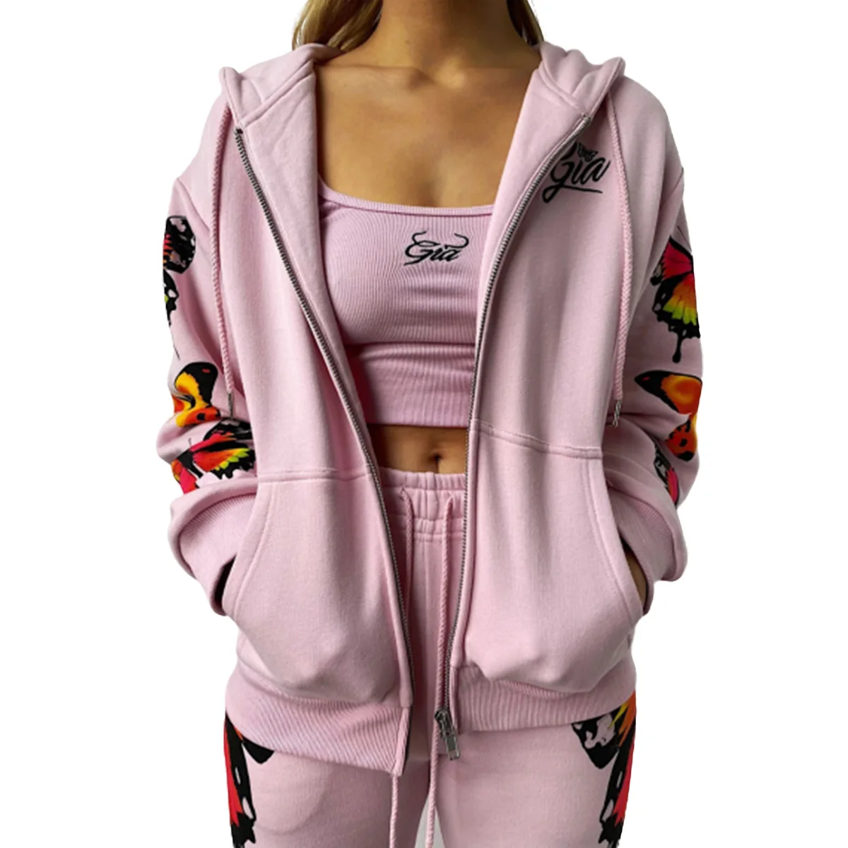 Женская одежда на тонких бретельках майка с низким вырезом + толстовка молнии