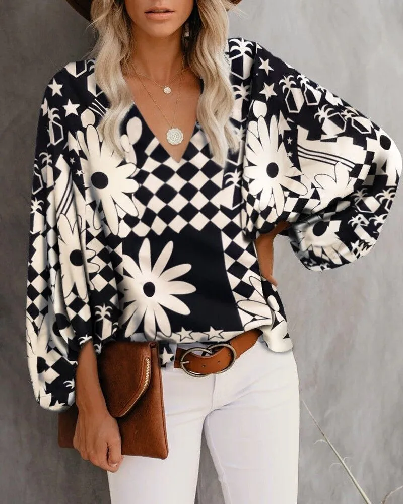 

2021 Women Autumn Spring Lantern Sleeve Clothes Sexy V-neck Printed Leopard Shirt Casual Women Tops Drop Shipping