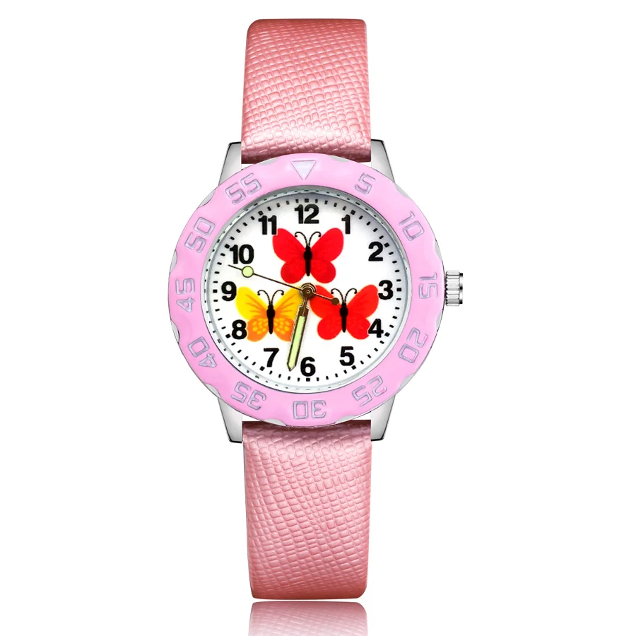 

Детские милые кварцевые наручные часы JM163 с мультяшным Рисунком бабочки для мальчиков и девочек с кожаным ремешком