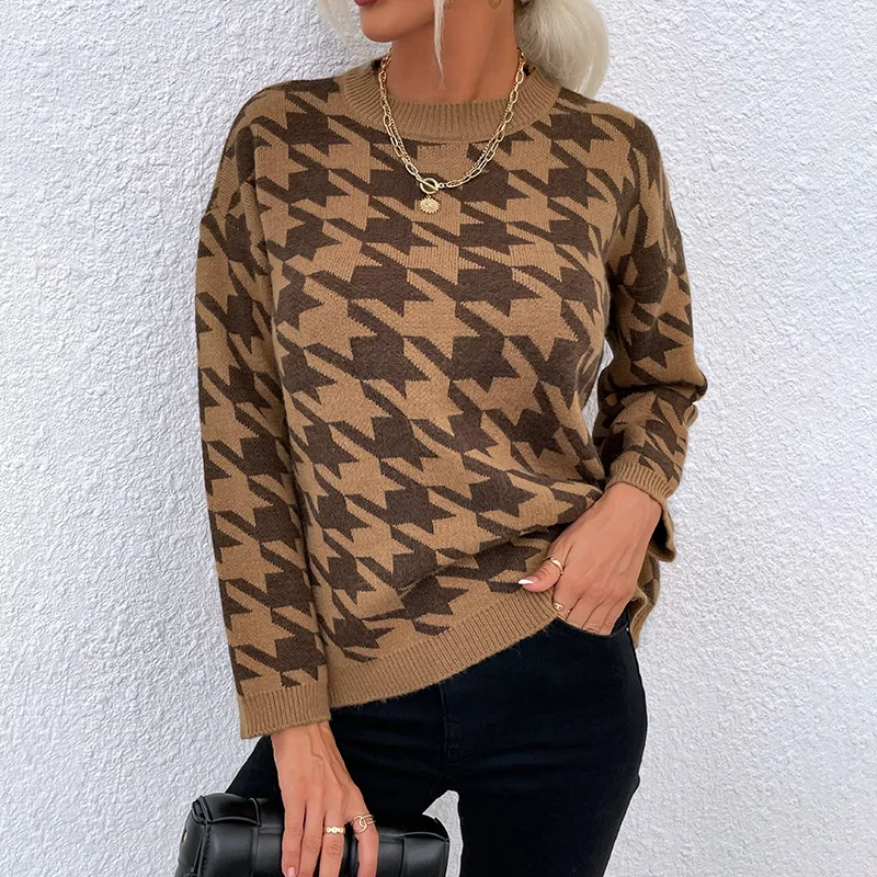 

Новинка сезона осень-зима 2021, европейский и американский вязаный пуловер ZJZLL, свитер с круглым вырезом «гусиная лапка», Женский Топ