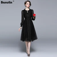banulin spring new high quality elegant lace embroidery women mesh patchwork dress female vintage a line slim party dress