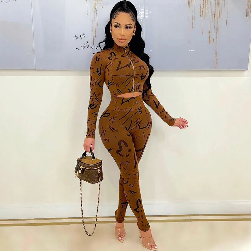 

Streetwear Graffiti 2 Piece Set for Women Tracksuit Bodycon Short Jacket Tops and Pants Matching Sets Casual Joggers Sport Suit