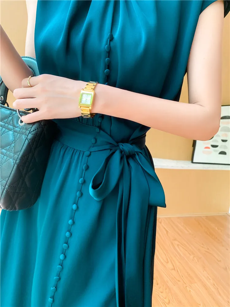 

Women's Retro 1950s Style Short Sleeve Single Breasted Slim Business Midi Dress with Belt Satin Smooth Ladies Dress