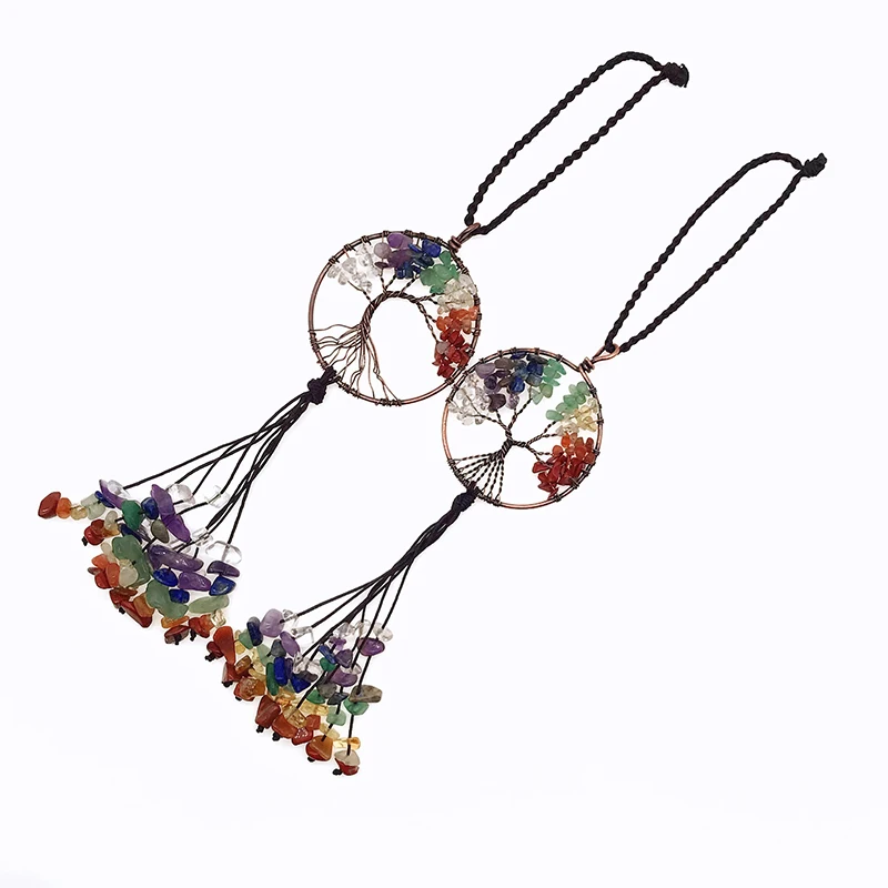 

New Natural Crystal Stone 7 Chakra Round Tree of Life Pendant Holder Key Bags Accessories Keychains Car Key For Women Ring Hand
