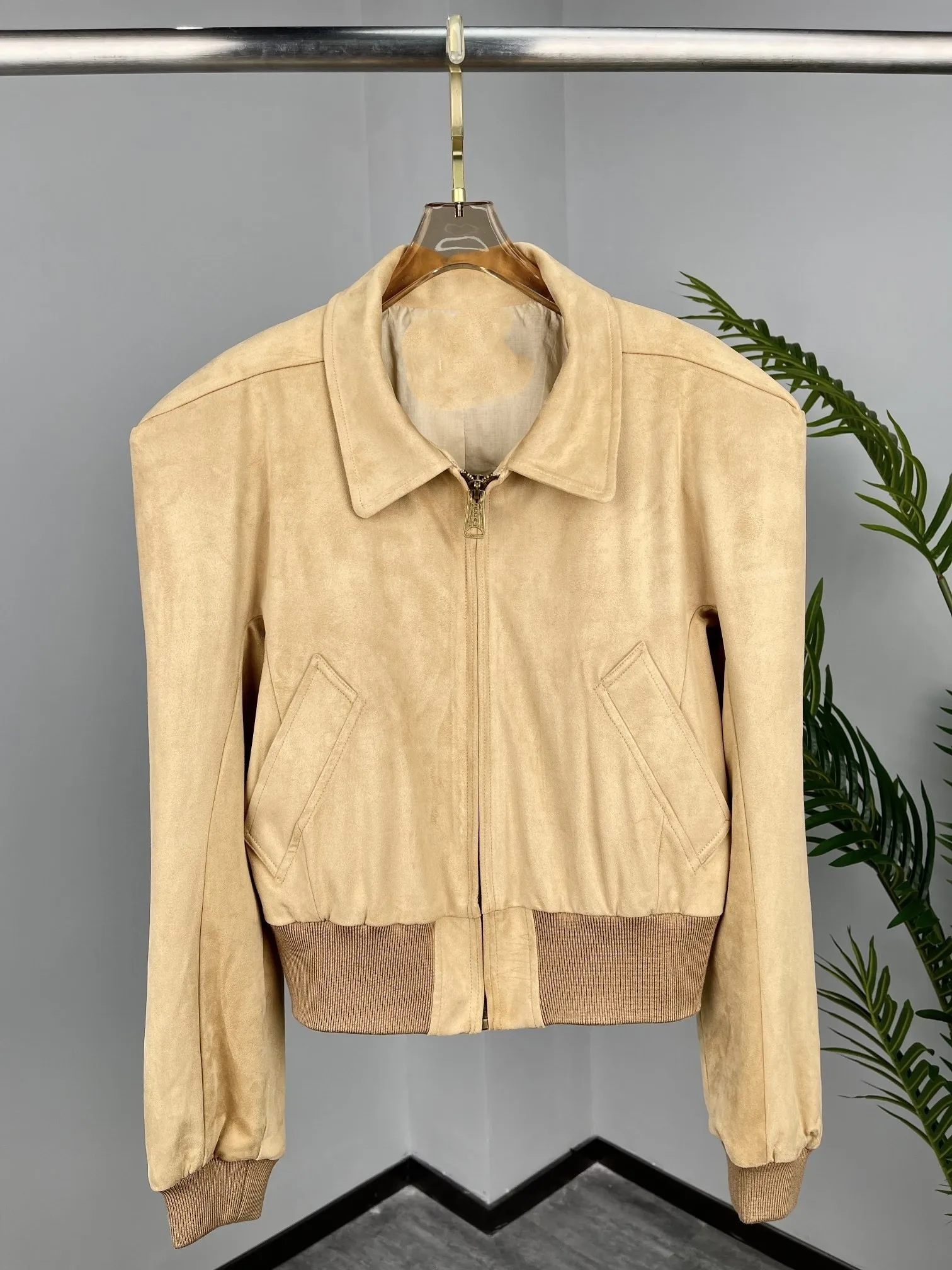 

2021 new women fashion high quality long sleeve lapel square shoulder zipper jacket 1012