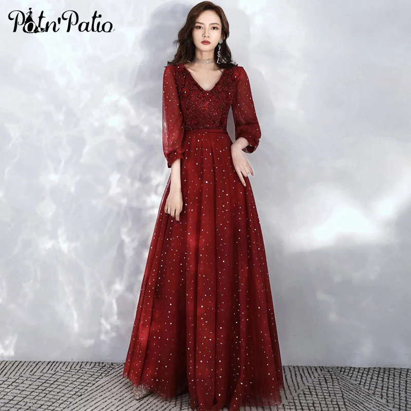 

Long Sleeve Evening Dresses 2021 Elegant V-neck A-line Floor-length Sequined Tulle Women Formal Gowns For Wedding