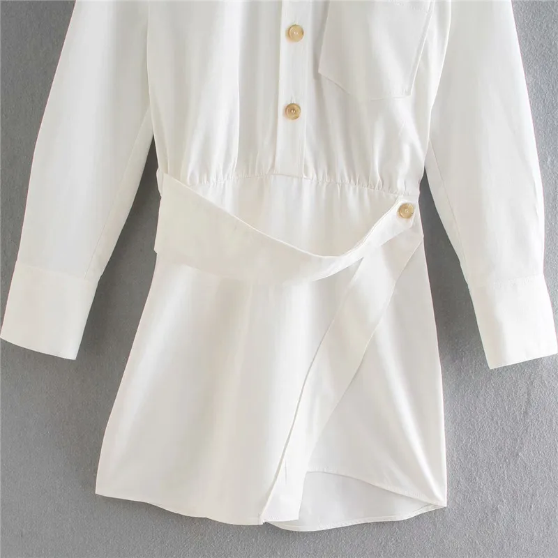 

2021 ZA White Mini Shirt Dress Women Long Sleeve Asymmetric Hem Belted Dresses Woman Fashion Front Patch Pocket Summer Vestidos