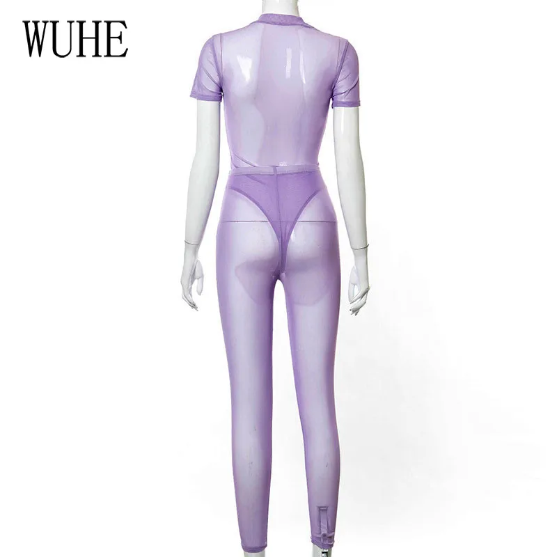 

WUHE Patchwork Mesh Jumpsuits See Through Package Hip Skinny Short Sleeve O Neck Joggers Fitness Sports Casual Party Clubwear