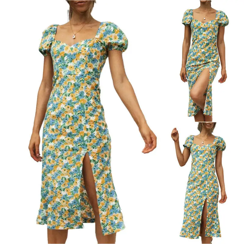 

Womens Short Sleeve Floral Dress Hem Ladies Casual Midi Dress Beach Summer