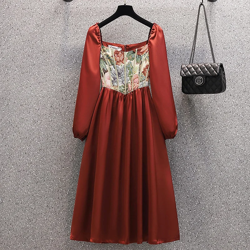 

Plus Size 4XL Women 2021 Autumn Elegant Embroidery Red Dress Square collar Long Sleeve Vintage Satin Dresses Ladies Clothing