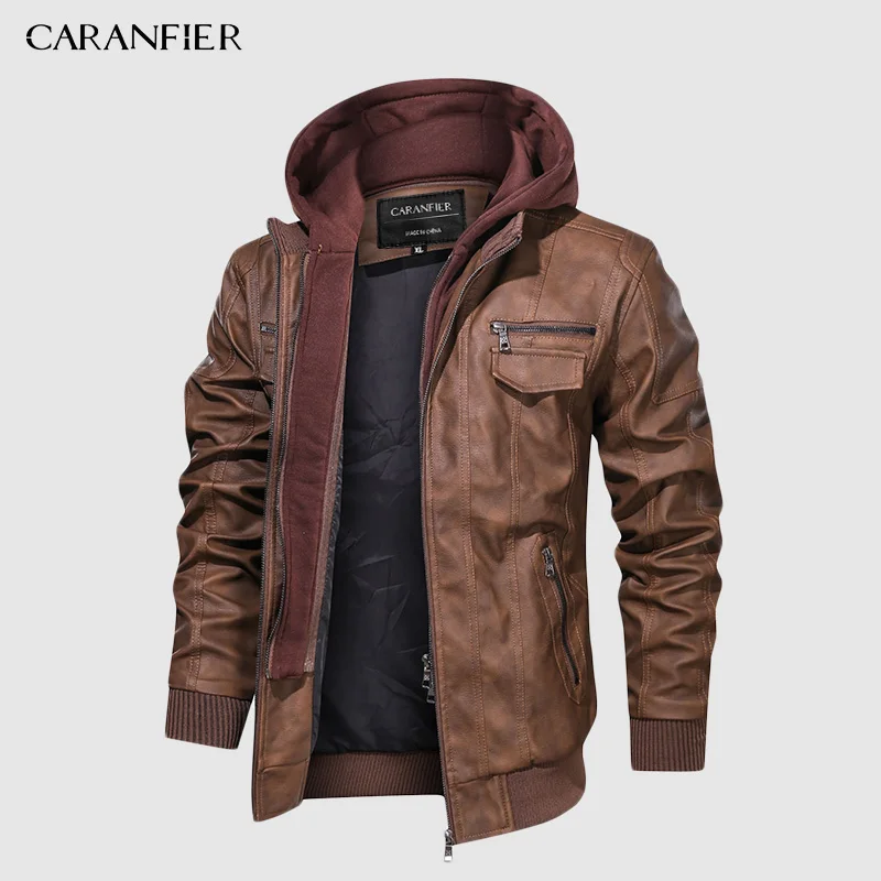 CARANFIER Brand 2020 PU Leather Jacket Mens Euro Size S-3XL Hooded Motorcycle Male Coats Drop Shipping | Мужская одежда