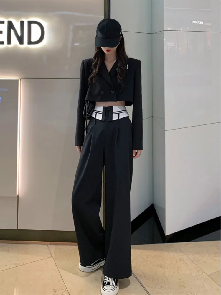 

Fashionable Casual Women Suit Two Piece Set Short Jacket + Patchwork Design High Waist Wide Leg Pants Suit 2020 Autumn Chic Girl
