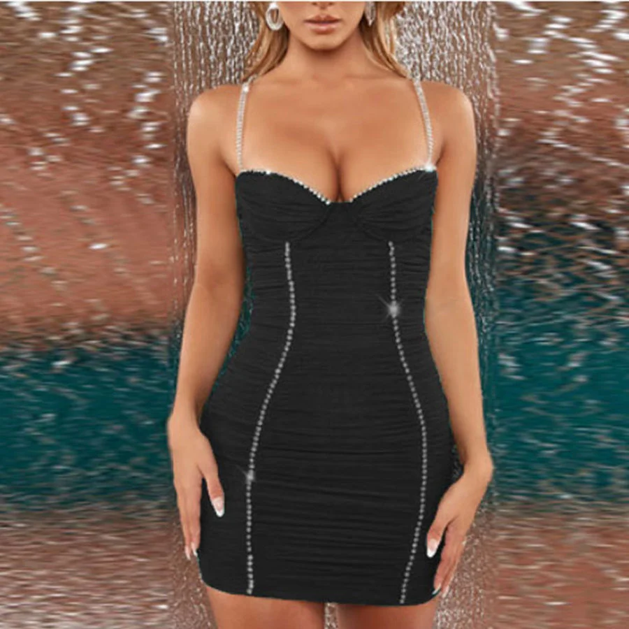 BoozRey Black Woman Dress 2021 Women's Sexy Net Gauze Handmade Rhinestone-studded Pleated Halter Gauze Pleated Bandage Sling