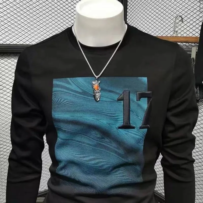 

Round Neck Long-Sleeve Men T-Shirt Embroidery Digital Print Tops Spring Autumn Male Pullover Slim Fit Fashion Casual Streetwear