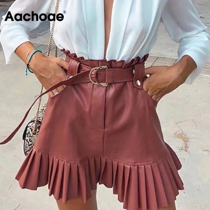 

Юбка мини из искусственной кожи Aachoae, однотонная, со складками, с ремнем, трапециевидная, с высокой талией, 2021