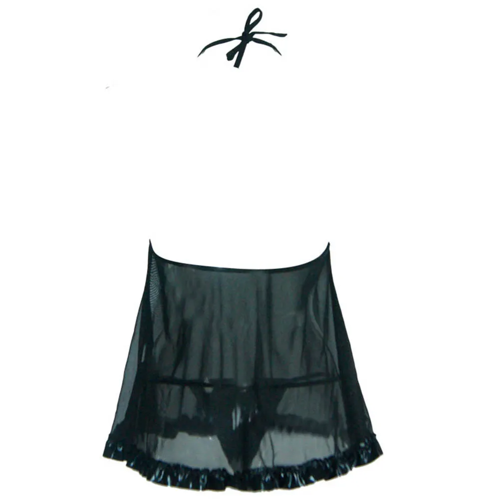 

Sexy Halter Mesh Vinyl Leather Sleepwear with Thong Black Latex Catsuit Gothic Women Fetish Teddies Lingerie