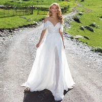2022 new arrival white lace wedding dresses short sleeves v neck straps backless bridal gown open back vestido de novia