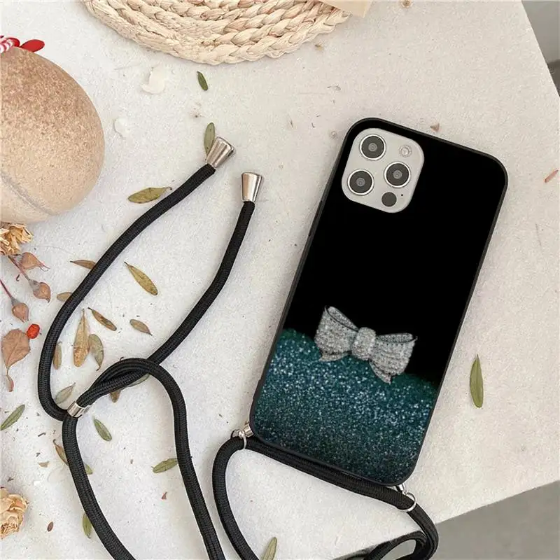 

Shiny diamond bow Phone Case For iPhone 7 8 11 12 X XS XR MINI Pro Max Plus Strap Cord Chain Lanyard soft