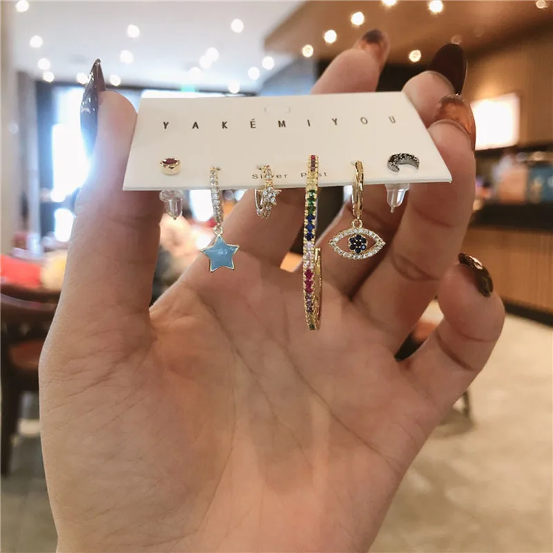 

6-piece set of Korean style colored zircon micro-inlaid big earrings stars and moon hoop earrings small ear buckle ear studs