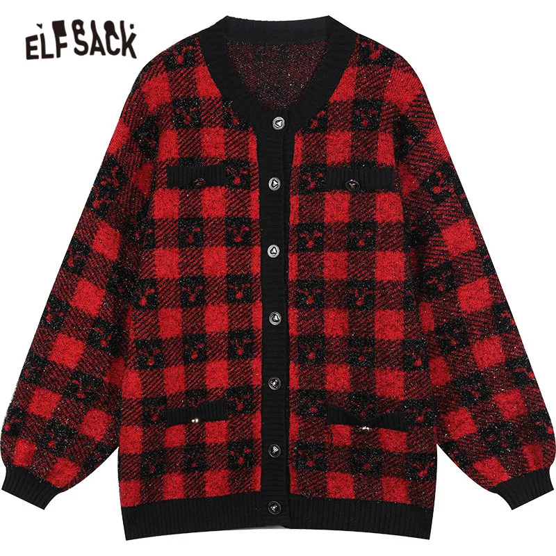 

ELFSACK Red Plaid Bright Silk Wire Chic Button Knit Casual Women Cardigan,2020 Autumn ELF Vintage Korean Female Daily Soft Top