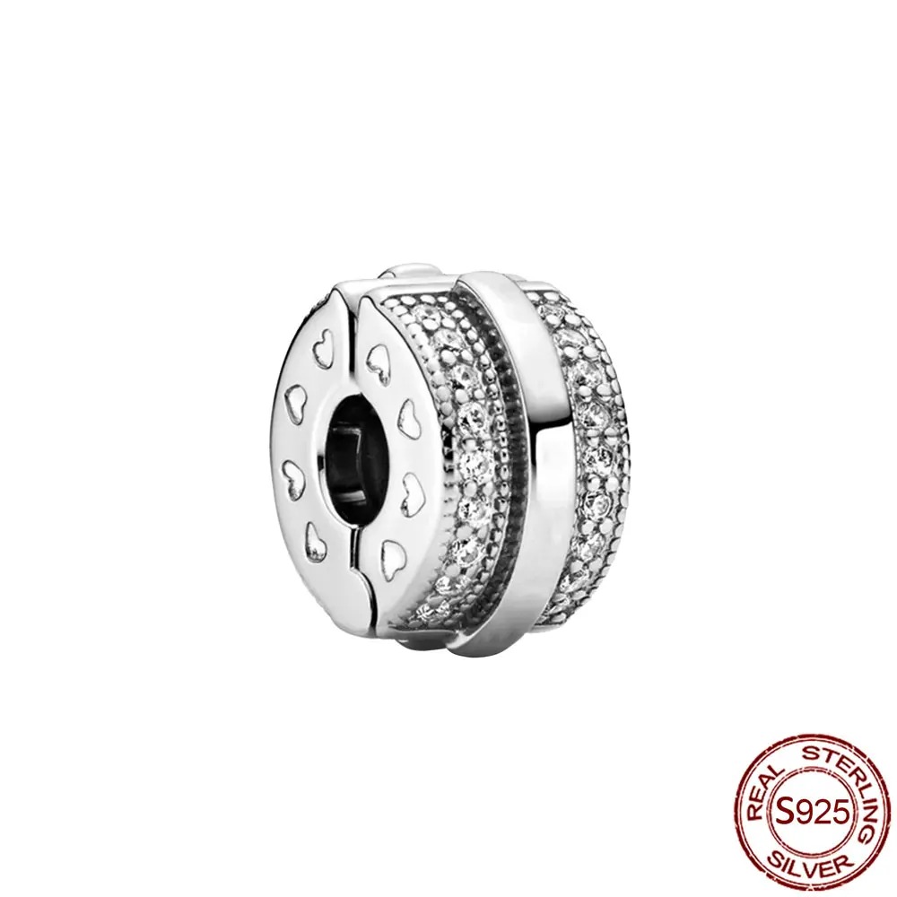 

2021 new Clip 925 Sterling Silver CZ pave Pattern Star Heart Zircon Clip Charm Beads Stopper fit Pandora Bracelet Silver Jewelry