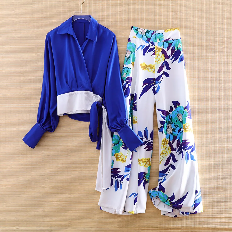 

High-end Women Summer Blue Bat sleeve Shirt Top + Wide-leg Pants Print Elegant Lady Casual Suit 2 Pieces Set Female S-XL