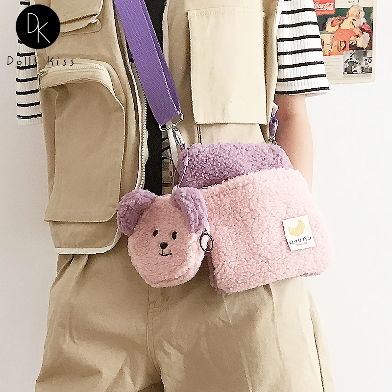 

Plush Women Crossbody Bag Cute Bear Embroidery Mobile Phone Bag Ladies Japanese Simple Shoulder Bag Girl Coin Purses and Handbag